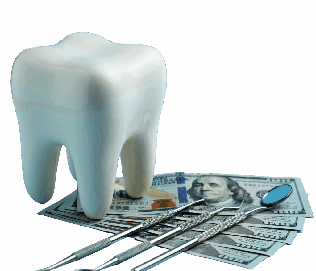 dollar money bills tooth model bluebackgound with copy space